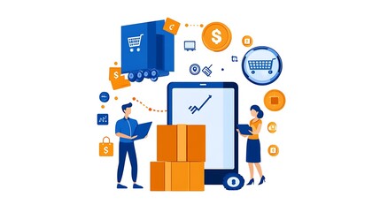 Fototapeta premium Digital Shopping Cart Illustration with E-commerce Icons and Delivery Concepts