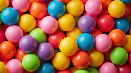 Many rainbow gradient random bright soft balls background. Colorful balls background for kids zone or children playroom. Huge pile of colorful balls in different sizes