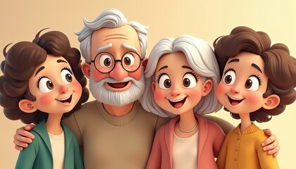 Fototapeta premium Cheerful animated illustration of happy family together. Grandparents, children and grandchildren smiling. Family love, bonding, cheerful cartoon characters. Family portrait, togetherness, home.