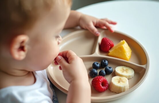 Toddler eats fruits from plate, close-up. Child hand taking food from beige divided plate. Kid aged one year, eating raspberries, blueberries, bananas. Baby enjoys healthy eating at home. Food for