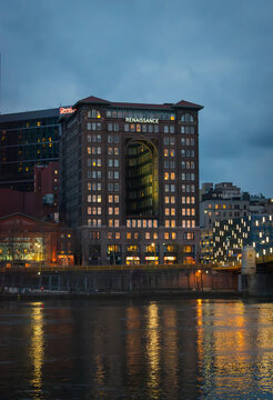 View of the Fulton Building, home of the Renaissance Hotel in downtown Pittsburgh, Pennsylvania on a cloudy evening - April 12, 2024