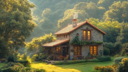 Fototapeta premium Idyllic Stone Cottage in Serene Forest with Sunlit Garden