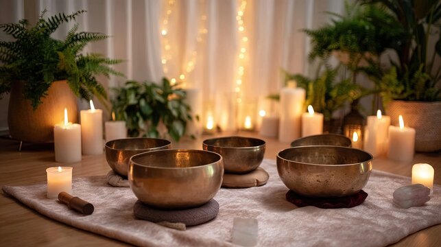Himalayan Singing Bowls on Soft Mat with Glowing Candles, Creating a Peaceful Atmosphere for Yoga and Meditation