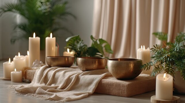 Himalayan Singing Bowls on Soft Mat with Glowing Candles, Creating a Peaceful Atmosphere for Yoga and Meditation