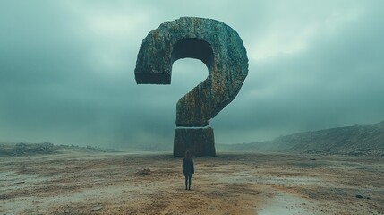 Vast, desolate landscape with a giant question mark, a lone figure contemplates