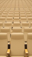 rows of beige fabric seats with wooden armrests in an auditorium