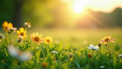 Obraz premium Various flowering plants thrive in the sunlit grassland, landscape, wildflowers, botanical