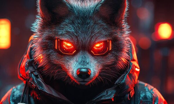 Futuristic wolf character with glowing eyes in a neon-lit urban environment at night