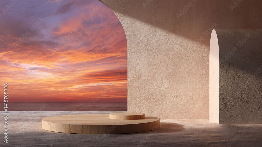 Poster wooden podium against sunset ocean backdrop, showcasing a minimalist display scene with free space f