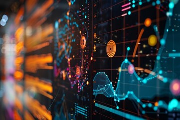 A digital screen displaying colorful graphs and charts, illustrating complex data, Visualizing complex data and statistics through interactive graphs and charts