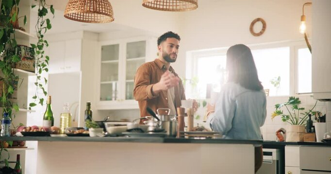 Conversation, coffee and couple with cheers in home in morning for bonding, love and connection. Happy, relax and man with woman drinking cappuccino, latte or espresso with talking and laughing.