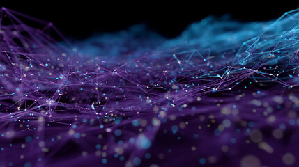 Abstract image of interconnected purple and blue lines with glowing nodes, creating a dynamic network visualization, representing connectivity, technology, or data flow