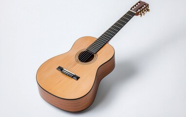 Light brown classical guitar with a smooth body rests on a plain white surface. Soft lighting enhances the wood grain. The guitar's strings and details are clearly visible against the bright