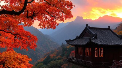 Naklejka premium Autumnal mountain vista with a traditional Asian temple