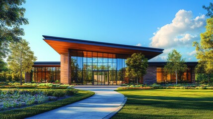 Modern Glass Building Surrounded by Lush Greenery Under a Clear Blue Sky