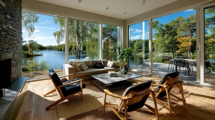 Fototapeta premium Modern Lakeside Living Room with Scenic Views and Natural Lighting
