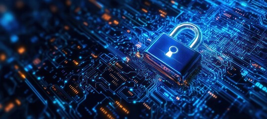 Padlock on a circuit board symbolizing security and data protection in technology.