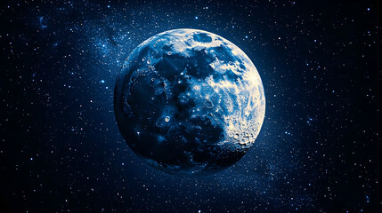 Fototapeta premium Blue sphere possibly moon surrounded by stars The sphere is heavily cratered with a mix of dark and bright areas Spa