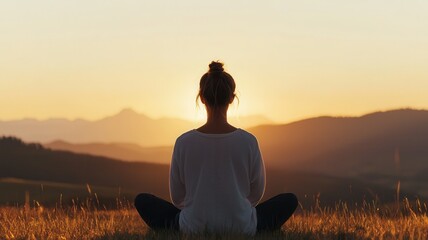 Global wellness day with healing and health concept. Person meditating in nature during sunset with mountains in background.