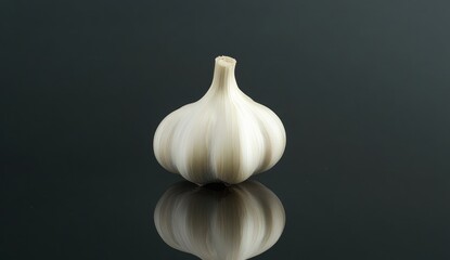 Single garlic bulb with stem on a dark reflective surface.