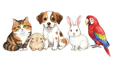 Naklejka premium Watercolor Pet Friends – Cat, Dog, Rabbit & Parrot on White Background