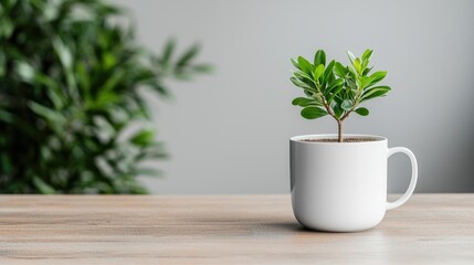 Small green plant in white mug minimalist home decor photography