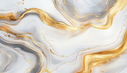 Abstract background with swirling white gray and gold colors creating a marble effect.