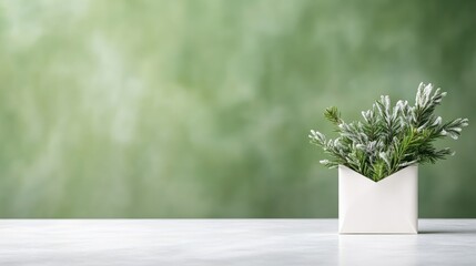 Frosted greenery in white envelope on a light surface