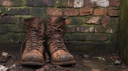 Muddy work boots rest against a brick wall
