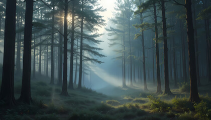 Obraz premium Misty Forest Landscape with Morning Sunlight – Ultra-Realistic Nature Scene