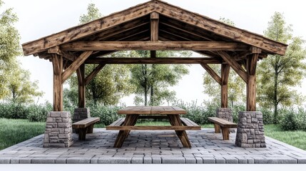 Rustic Wooden Pavilion with Picnic Table in a Green, Tranquil Park Setting