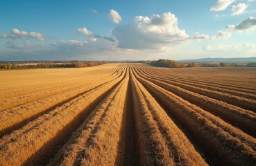 Plowed field with rows in autumn season. Agriculture farmland landscape with lines pattern. Blue sky with clouds. Golden light, harvest season, farming, cultivation.