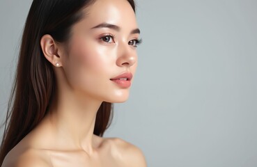Attractive young woman in profile with perfect skin. Brunette lady, plump lips, nude shoulders. Facial beauty, cosmetology. Spa, skincare, bodycare, wellness. Healthy, clean skin tone. Grey
