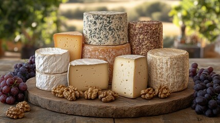 Assorted artisan cheeses, walnuts, and grapes on rustic wood