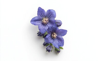 Two purple larkspur flowers levitate against a clean white background. The image features a close-up view showcasing the intricate details of the blossoms and their subtle color variations. The