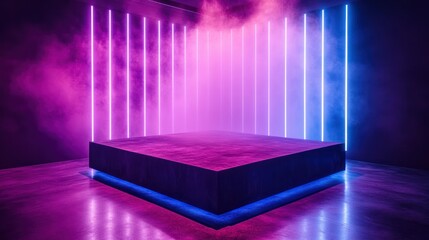 Neon-lit,  dark stage