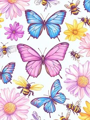 Butterflies with Bees, and Flowers Pattern.