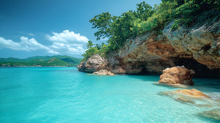Fototapeta premium Tropical beach scene with blue water rocky cliffs lush trees clear sky and distant green hills Peaceful and vibrant