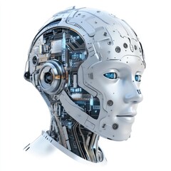 Fototapeta premium Advanced robotic head, showcasing intricate internal circuitry.