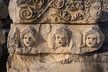 Ruins Myra Ancient City in Demre to Antalya, archaeology landmarks of Turkey. Remains of theatre in Myra, Greco-Roman ancient city in Antalya, Turkey.