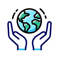 World Protection Line Icon – Minimal Vector of Hands Supporting Globe for Eco and Social Concepts.  Perfect for Logos,web and Branding