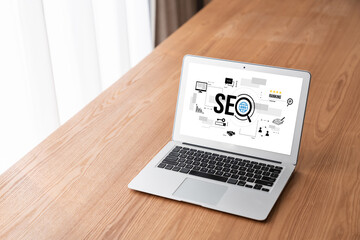 SEO search engine optimization for modish e-commerce and online retail business showing on computer...