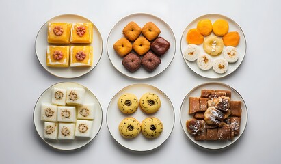 Obraz premium A flat lay of six different Indian sweets,