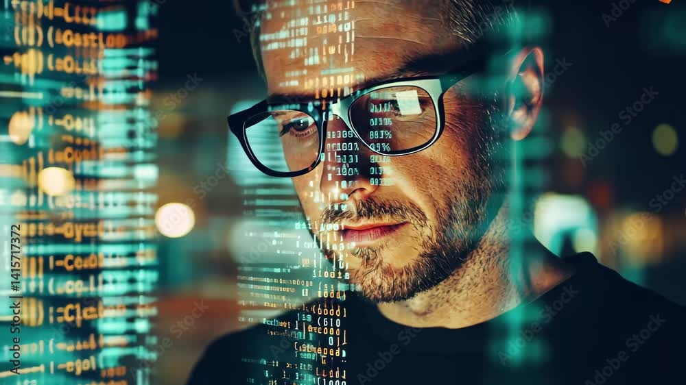 Poster data processing by a focused man using a smartphone in an urban setting at night, data processing ov