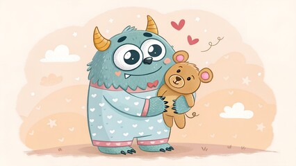 Obraz premium Cute monster hugging a teddy bear with hearts in a pastel background 