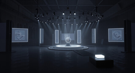 Global expo stage with spotlight illuminating central display  