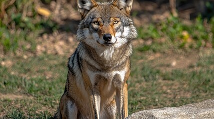 Fototapeta premium A majestic wolf sits gracefully in a lush green setting, basking in the afternoon sun