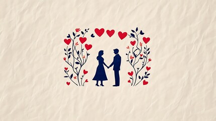 Couple Holding Hands Surrounded by Colorful Hearts and Floral Elements on Beige Background