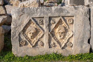 Ruins Myra Ancient City in Demre to Antalya, archaeology landmarks of Turkey. Remains of theatre in Myra, Greco-Roman ancient city in Antalya, Turkey.
