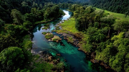 Serene Aerial View of a Pristine Forest River Surrounded by Lush Greenery